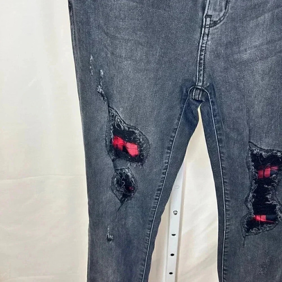 Judy Blue Skinny Fit 5|27 Black Denim Distressed Jeans with Plaid Patch - Picture 4 of 16